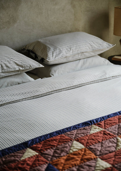 Pyjama Stripe Cotton Housewife Pillowcase | Navy/Ecru