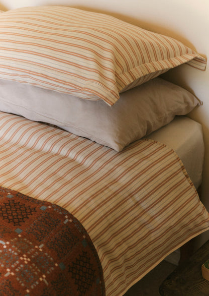 Ines Stripe Cotton Flannel Oxford Pillowcase Set | Apricot/Soft Blue