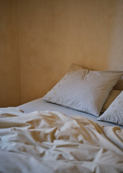 Ticking Stripe Cotton Embroidered Square Pillowcase | Ecru/Graphite