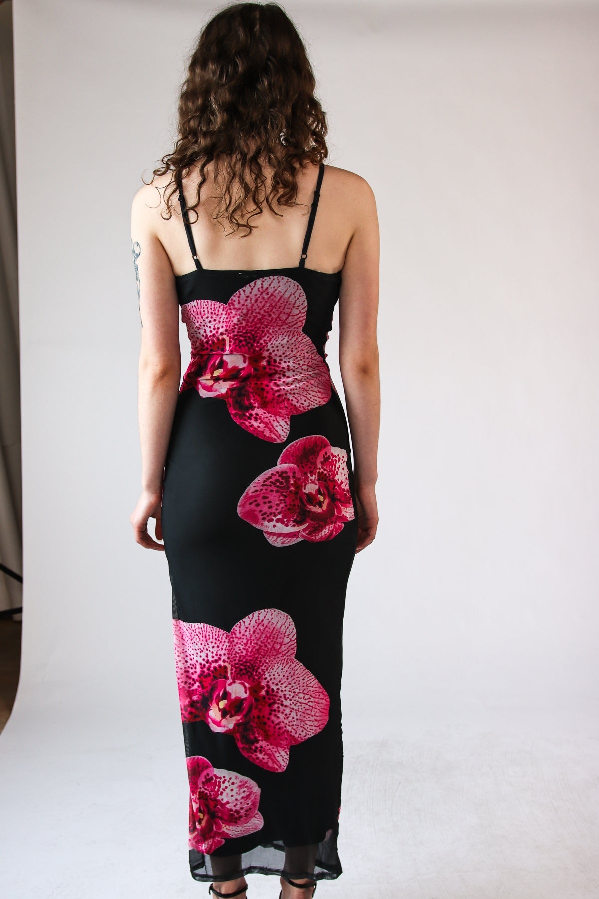 Large Flower Print Mesh Maxi Dress