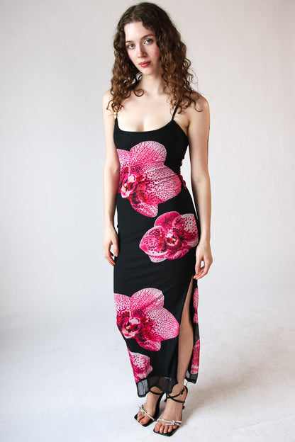 Large Flower Print Mesh Maxi Dress