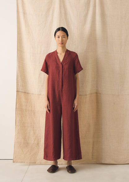 V Neck Garment Dyed Linen Jumpsuit | Tomato Red