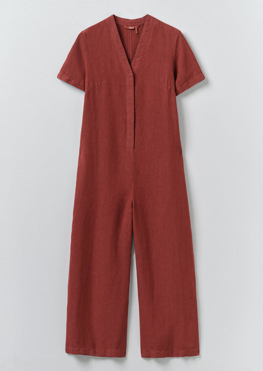V Neck Garment Dyed Linen Jumpsuit | Tomato Red