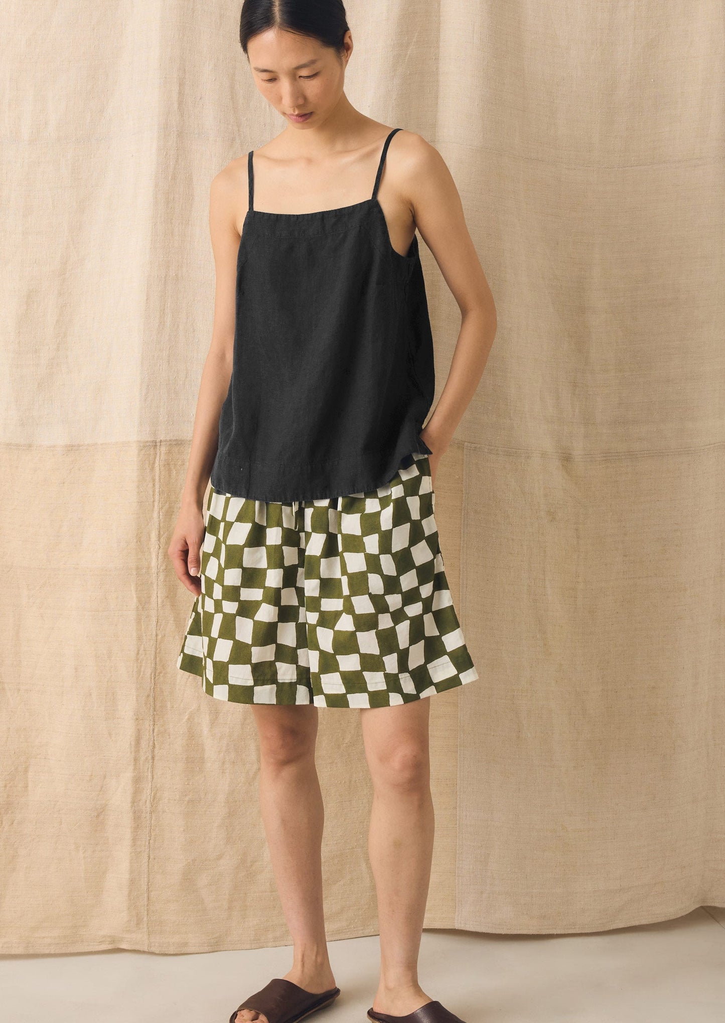 Square Neck Garment Dyed Linen Tank | Black Pepper