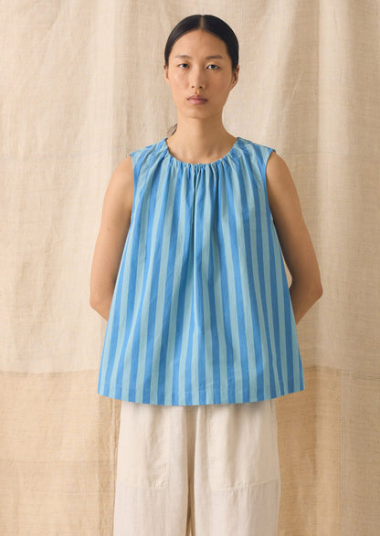 Oyo Stripe Gathered Cotton Tank | Aqua/Cornflower