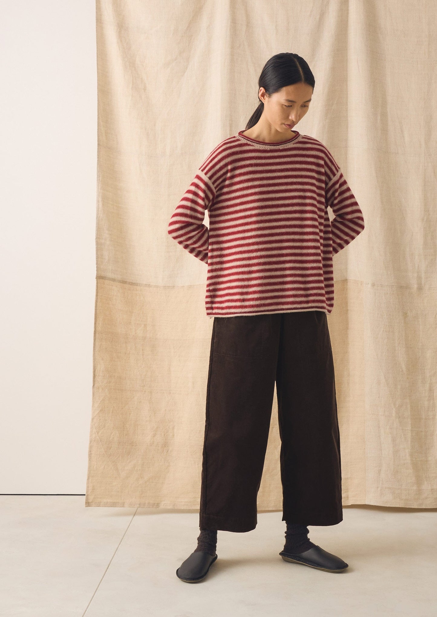 Stripe Lofty Alpaca Wool Sweater | Oatmeal/Red