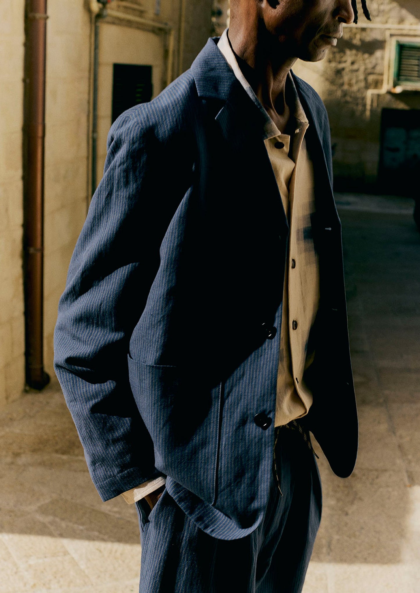 Running Stitch Cotton Linen Blazer | Navy/Fawn