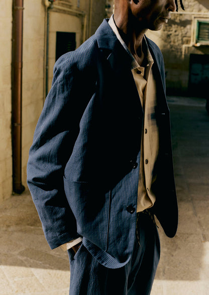 Running Stitch Cotton Linen Blazer | Navy/Fawn