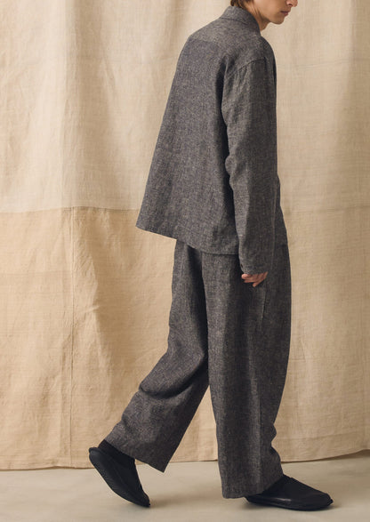Pleated Linen Cotton Twill Trousers | Navy/Ecru