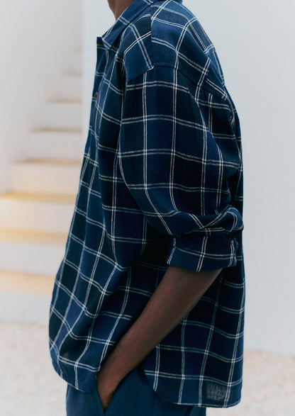 Market Check Cotton Linen Easy Shirt | Denim Blue