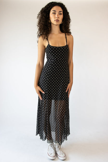 Mesh Dot Fit and Flare Maxi Dress