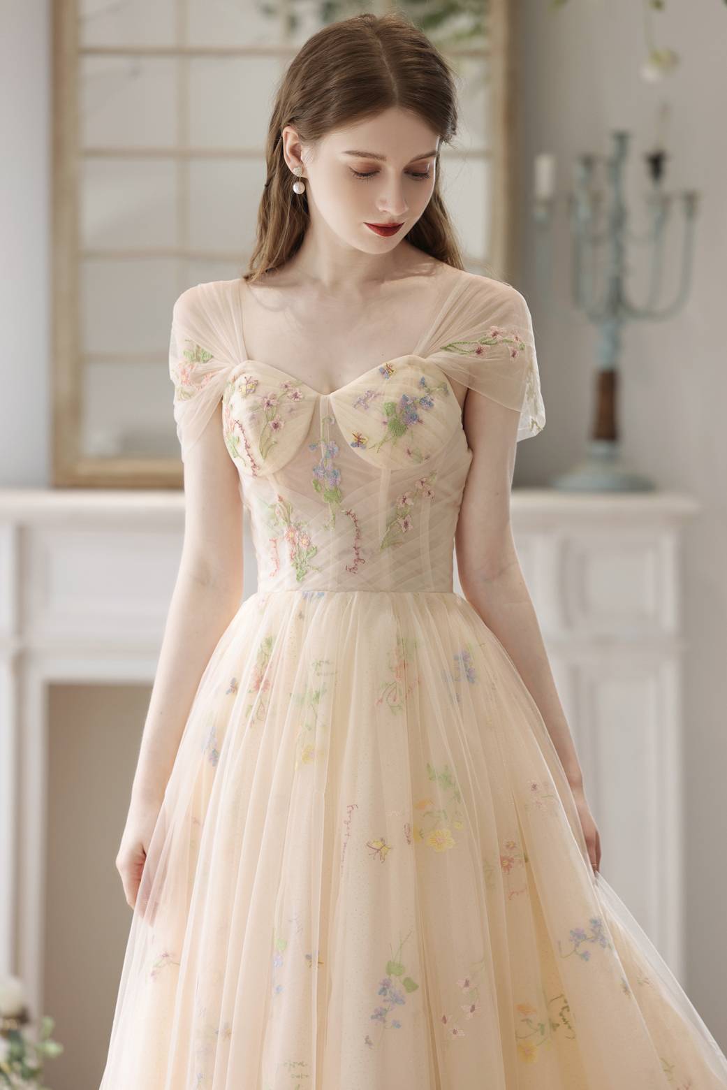Sweetheart Champagne Floral Corset Long Prom Dress