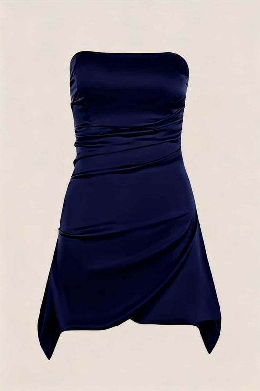 Strapless Navy Blue Ruched Short Dress