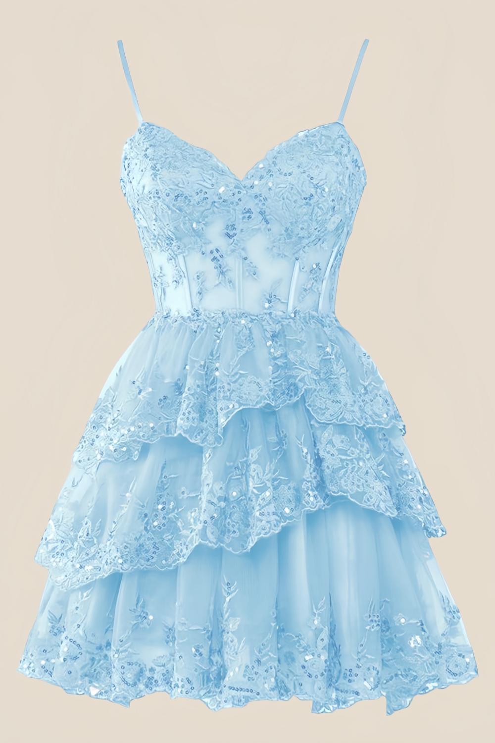 Straps Navy Appliques Tiered Layered Short Princess Dress