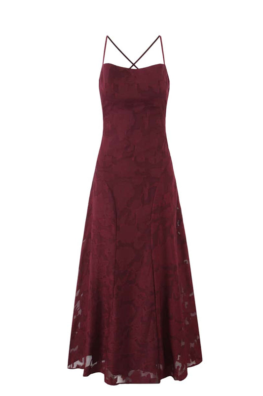 Spaghetti Straps Burgundy Floral Long Dress