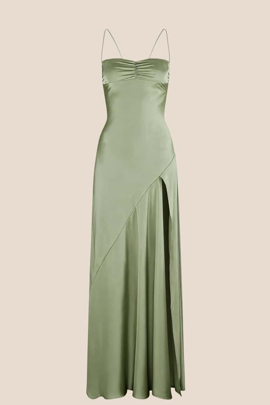 Spaghetti Straps Olive Green Long Dress with Slit