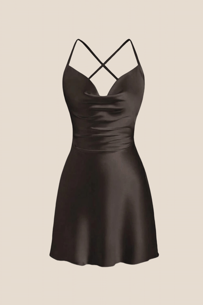 Straps Black Satin Cowl Neck Mini Dress