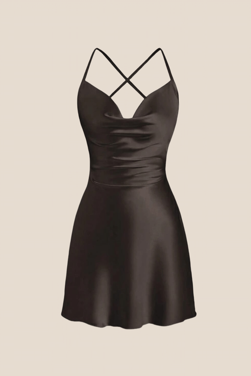 Straps Black Satin Cowl Neck Mini Dress
