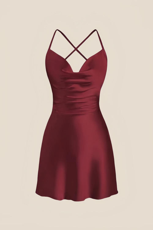 Straps Burgundy Satin Cowl Neck Mini Dress
