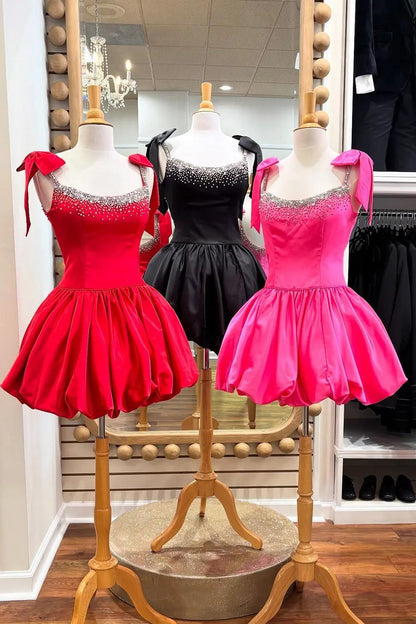 Straps Blue Beaded Bubble Short Dress with Bow