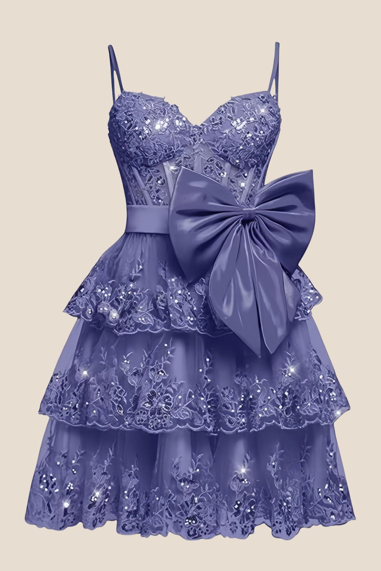 Straps Green Appliques Tiered Short Dress with Bow