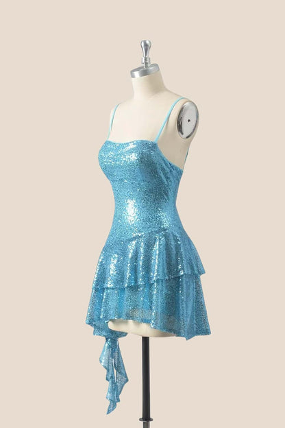 Straps Blue Sequin Ruffle A-line Short Dress