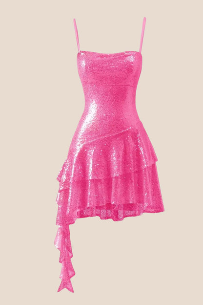 Straps Blue Sequin Ruffle A-line Short Dress