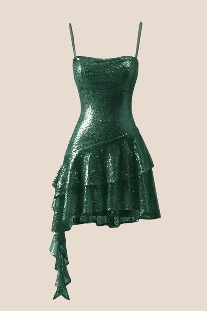 Straps Blue Sequin Ruffle A-line Short Dress