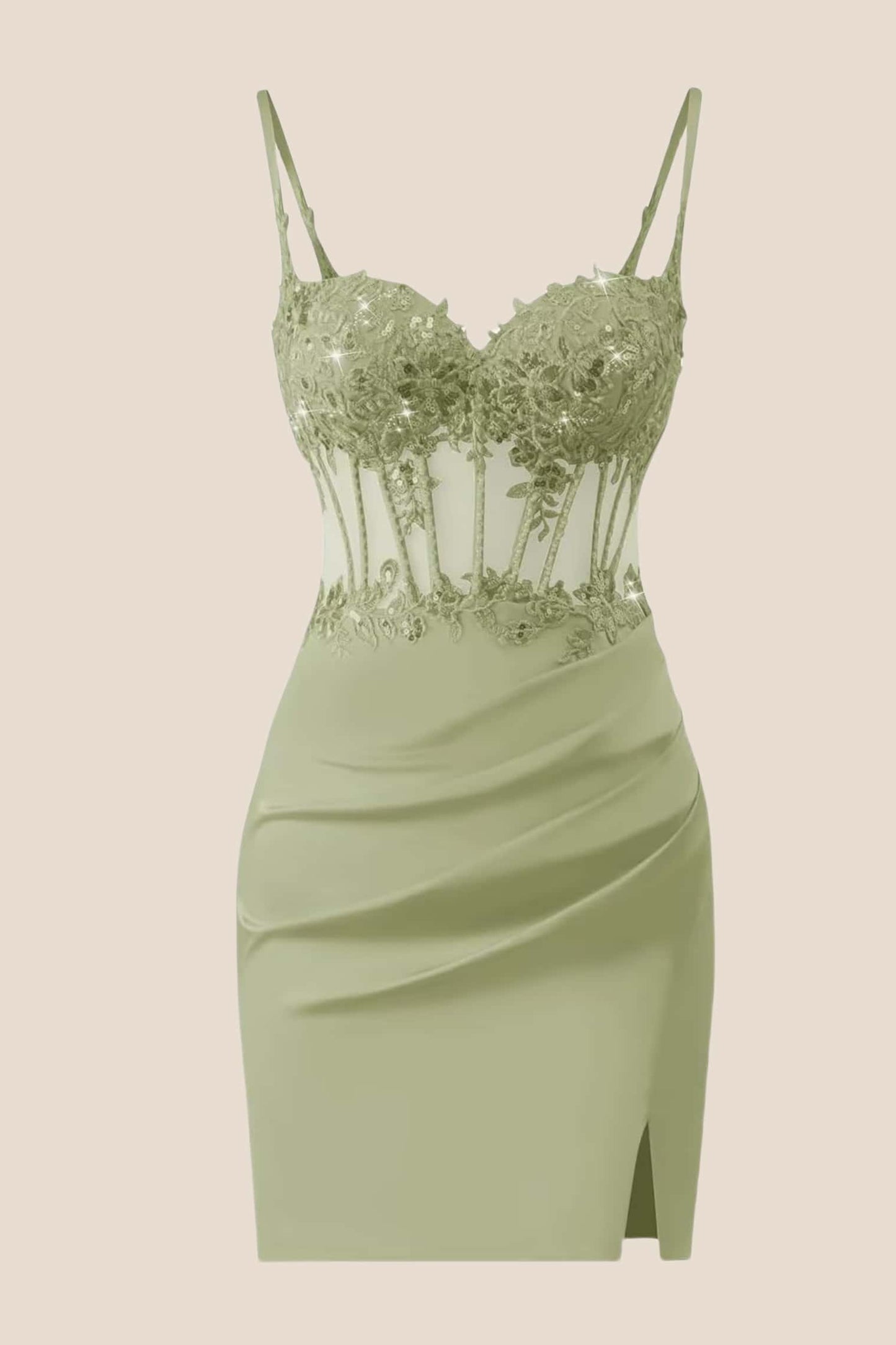 Straps Sage Green Appliques Ruched Tight Dress