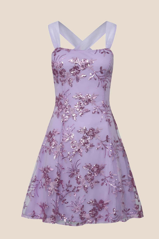 Purple Sequin Embroidery A-line Short Dress