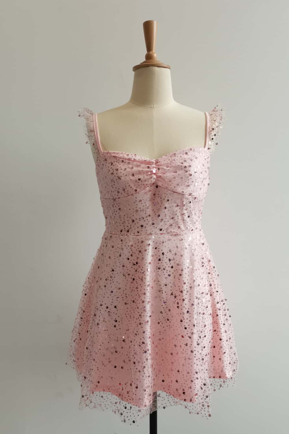 Pink Ruffle Straps Sequin Short Dress