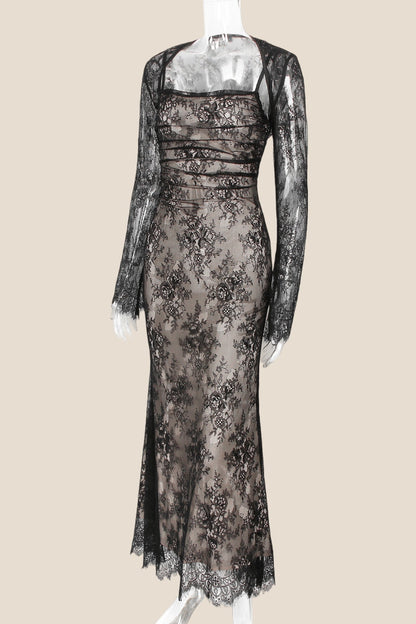 Straps Black Lace Fitted Party Dress