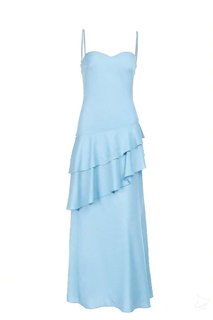 Straps Blue Chiffon Tiered Maxi Dress
