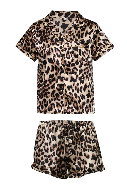 Two Piece Leopard Short Sleeves Pajamas Set