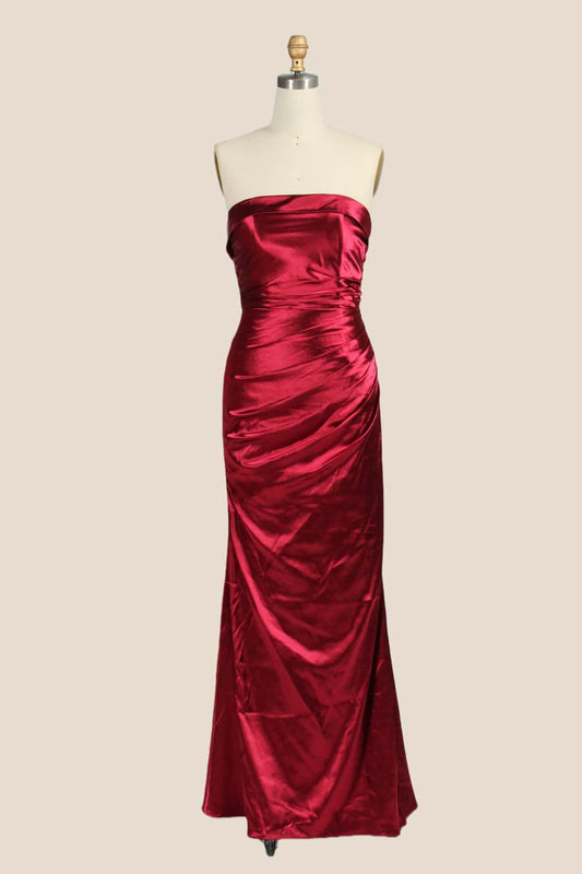 Strapless Wine Red Satin Ruched Fitted Dress