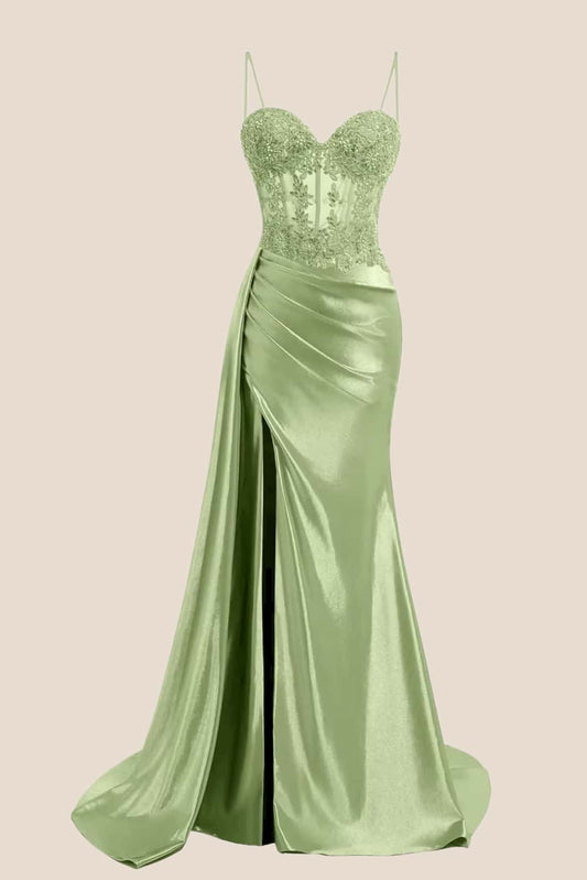 Sage Sheer Appliques Satin Long Prom Dress with Train