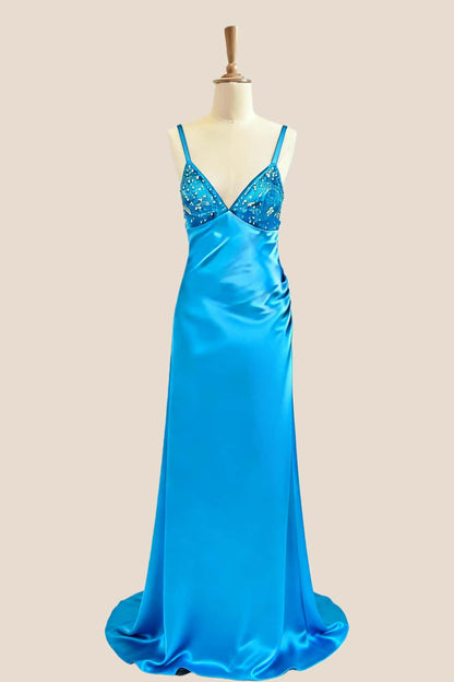 Straps Blue Beaded Satin Fitted Dress