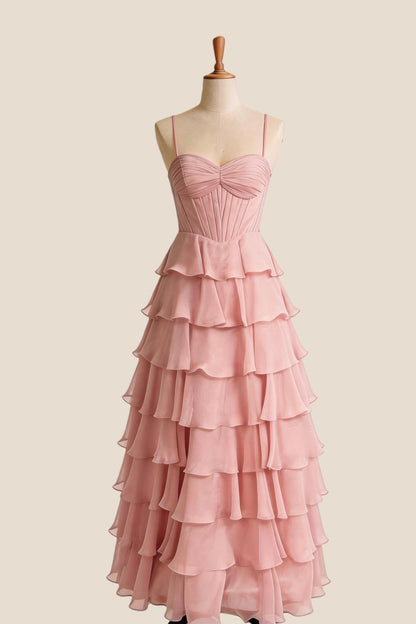 Straps Blue Chiffon Ruffle A-line Prom Dress