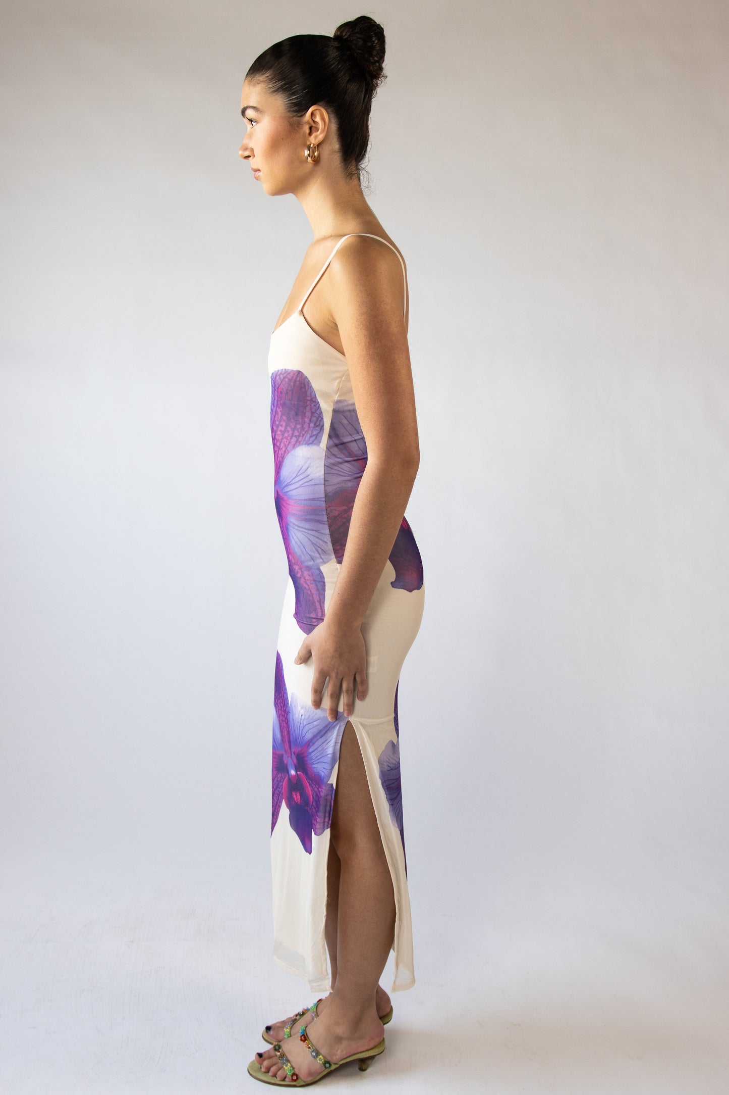 Large Flower Print Mesh Maxi Dress