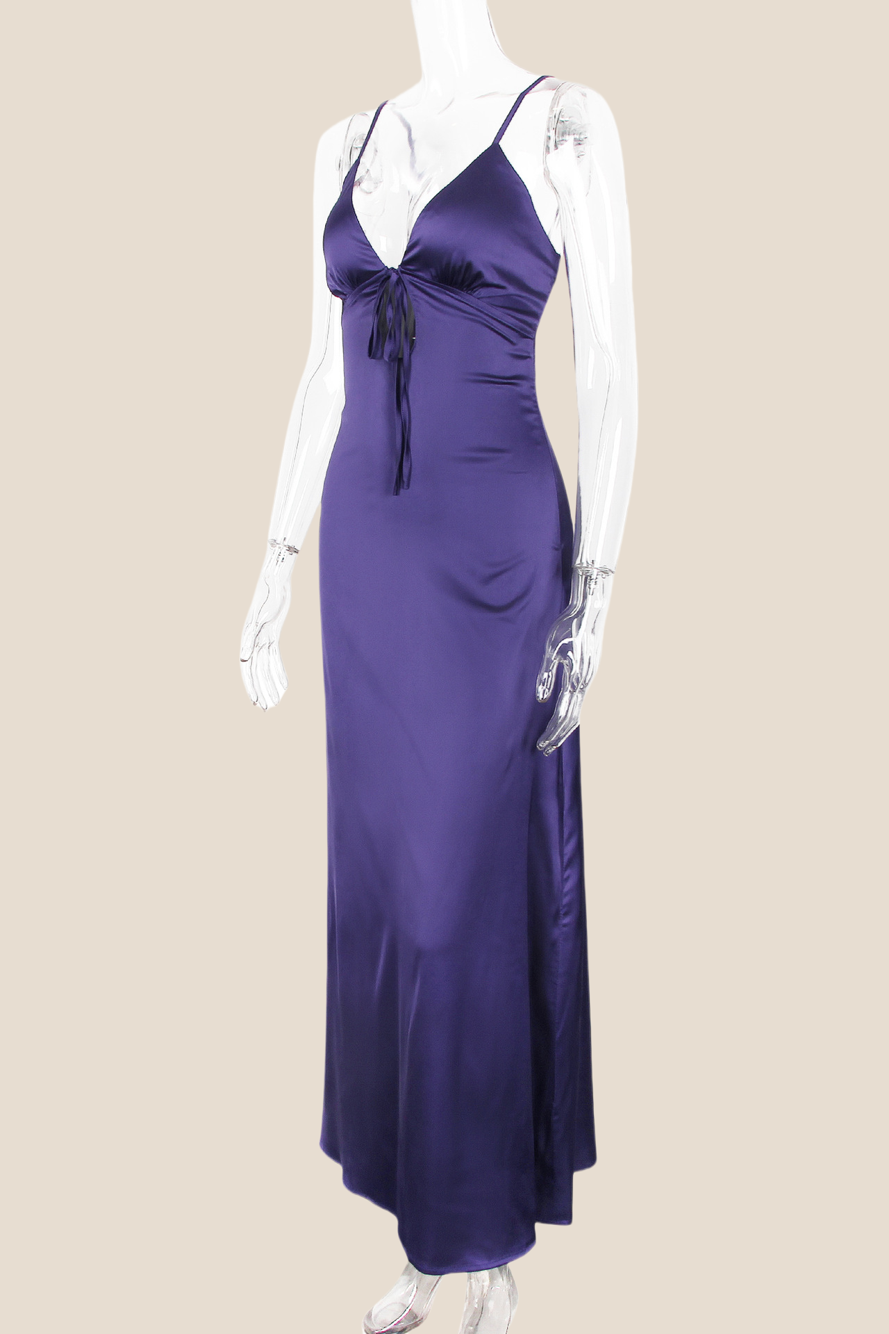 Plunge Neck Pink Back Tie Long Dress