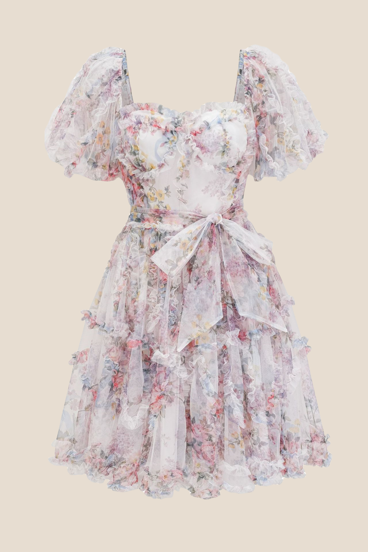 Puff Sleeves White Printed A-line Short Dress
