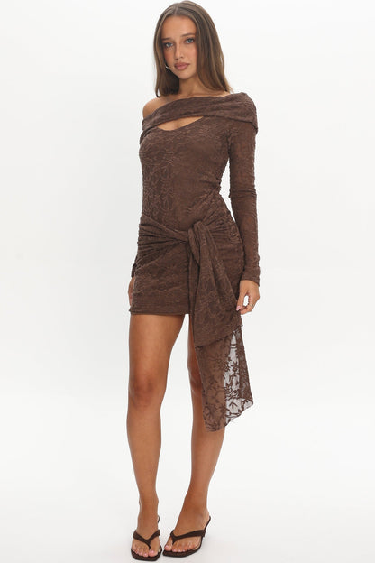 Good Girl Off-Shoulder Long Sleeve Mini Dress Chocolate