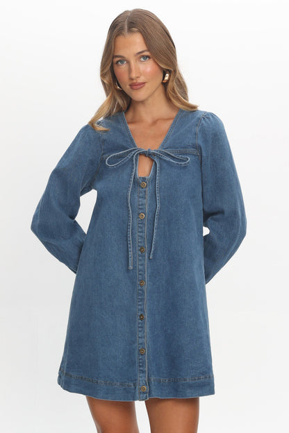 Salty Sea Long Sleeve Mini Dress Denim Blue