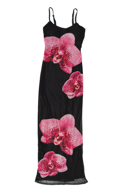 Large Flower Print Mesh Maxi Dress