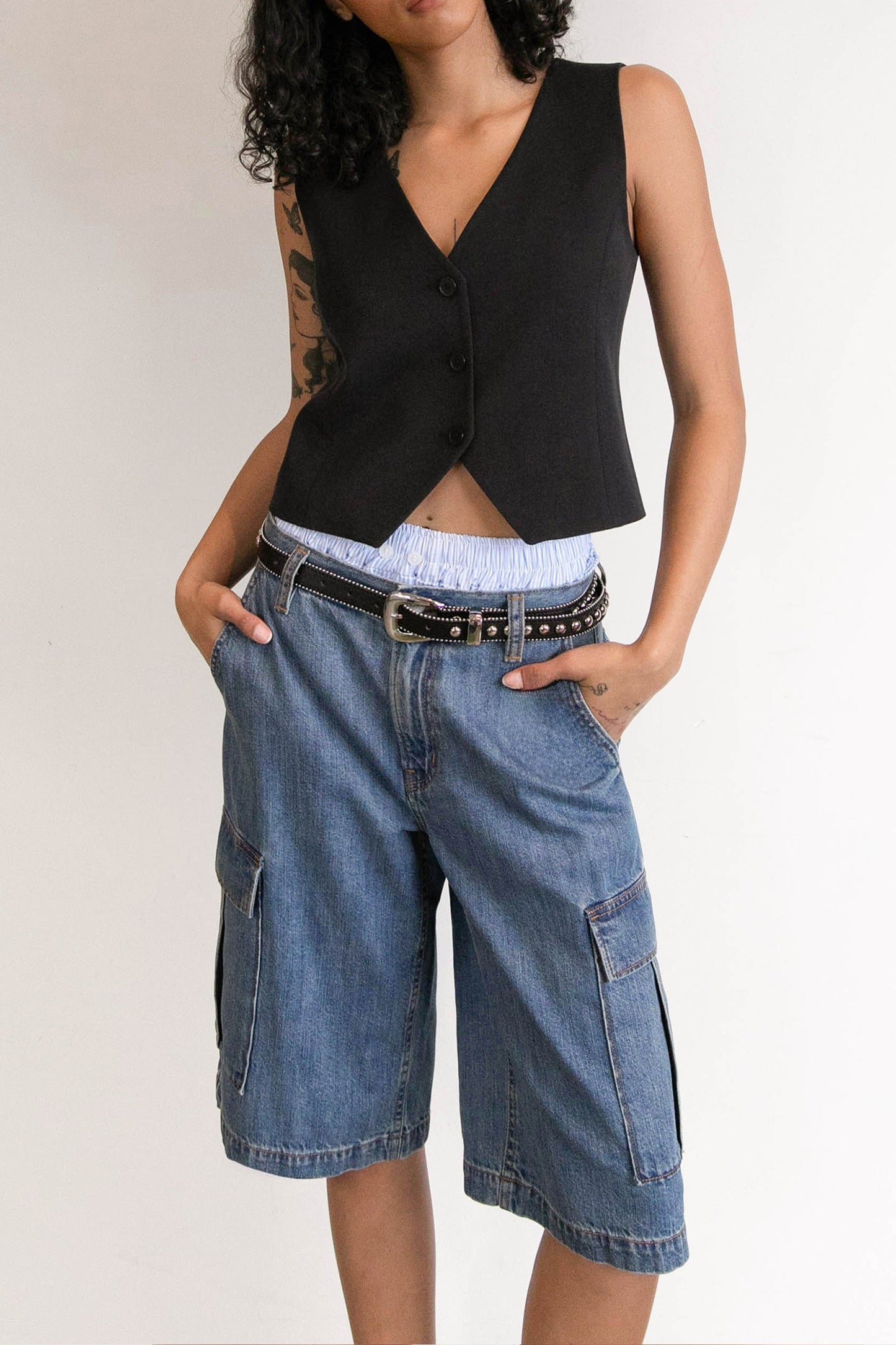 LONG CARGO DENIM SHORT