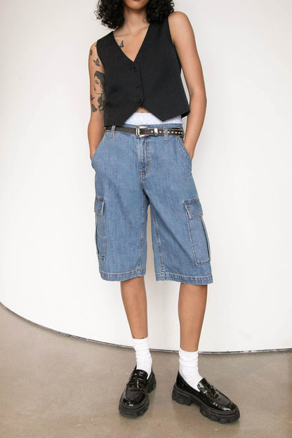 LONG CARGO DENIM SHORT