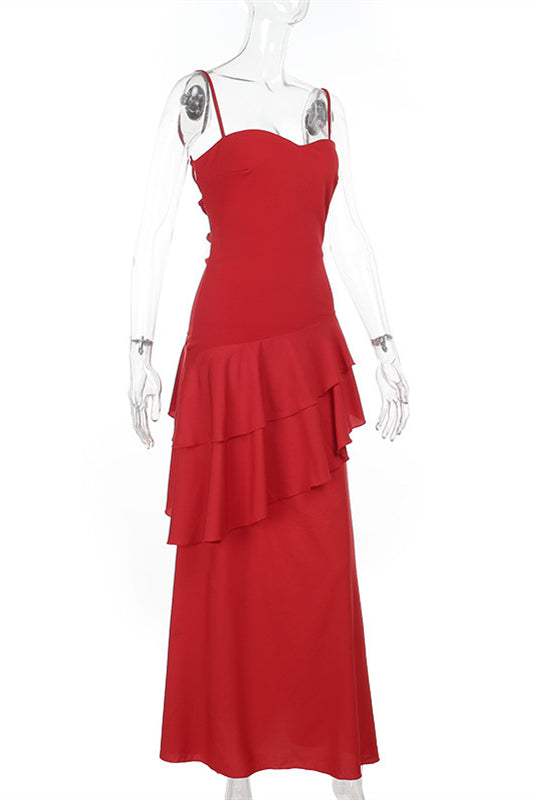 Straps Navy Blue Chiffon Tiered Maxi Dress