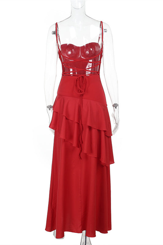Straps Navy Blue Chiffon Tiered Maxi Dress
