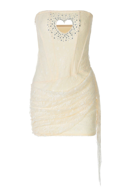 Strapless Yellow Hollow Heart Lace Short Dress