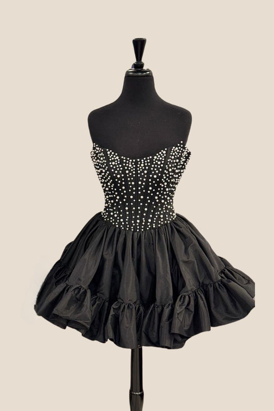 Strapless Black Ruffle Hem Short Dress with Pearls